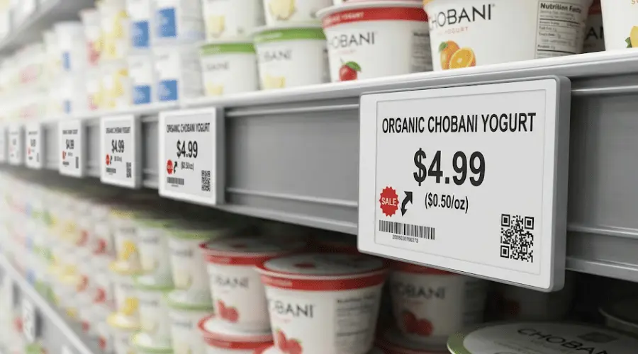 Close-up view of a digital price tag showing price, product information, and barcode